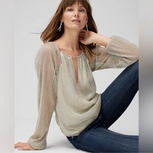 NWT White House Black Market Crinkle Top Ecru/Gold/Silver Balloon Long Sleeve L